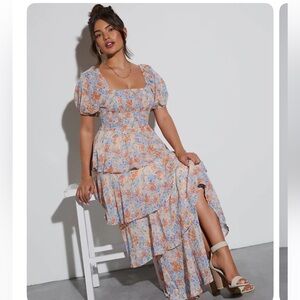 Vici Floral Puff Sleeve Maxi Dress in Blue & Orange